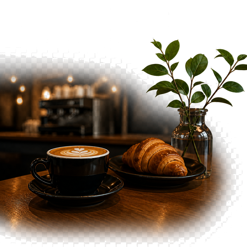 Latte with heart-shaped foam art on a warm wooden table